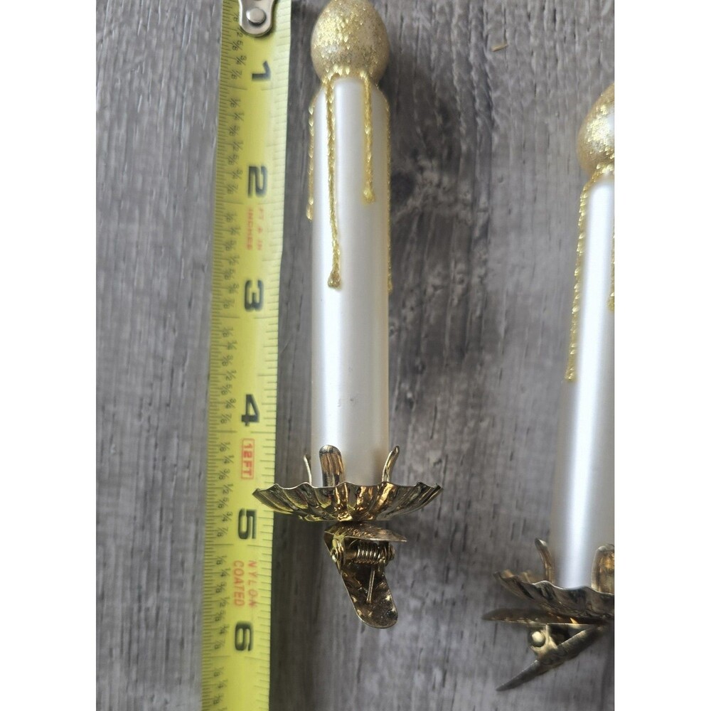 Vintage 4 Glass Candle Shape Clip On With Gold Glitter Christmas Ornaments - Picture 7 of 7